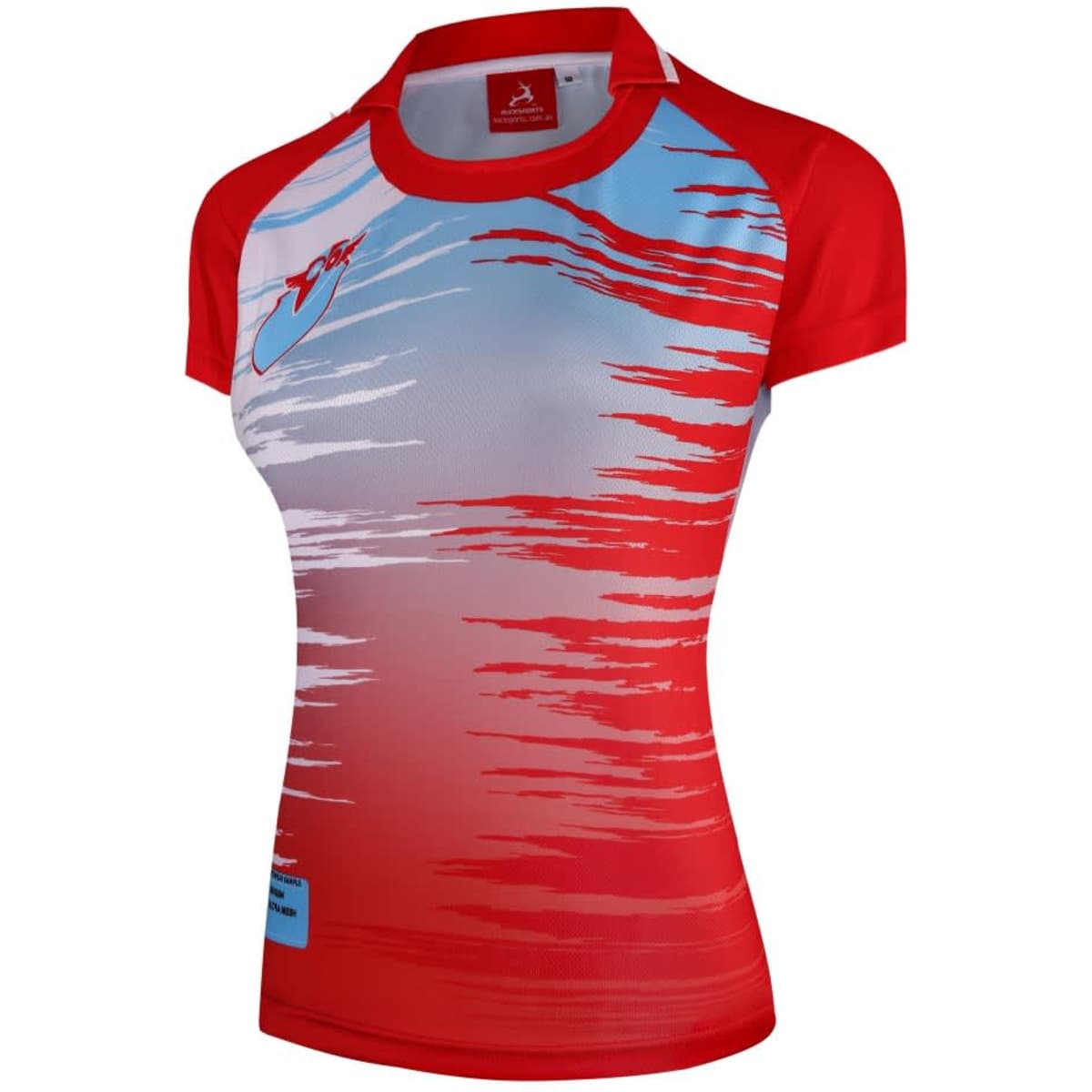 A women's tee shirt featuring a red and blue design with short sleeves and a collar, displaying a logo.