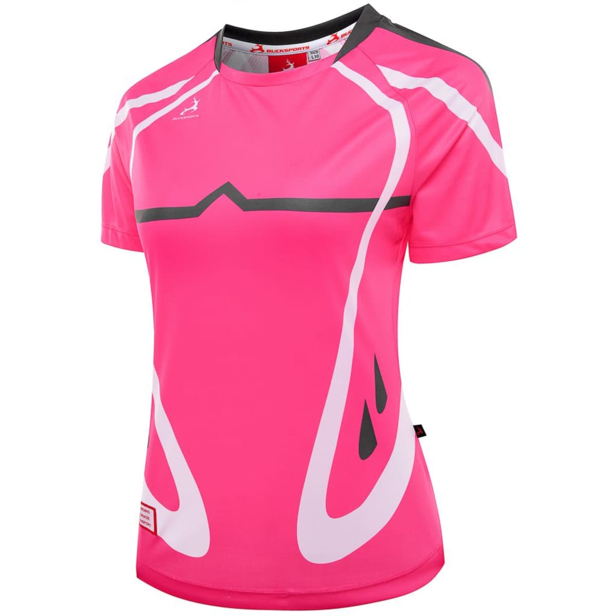 A pink women's t-shirt with white accents and a logo on the neckline.