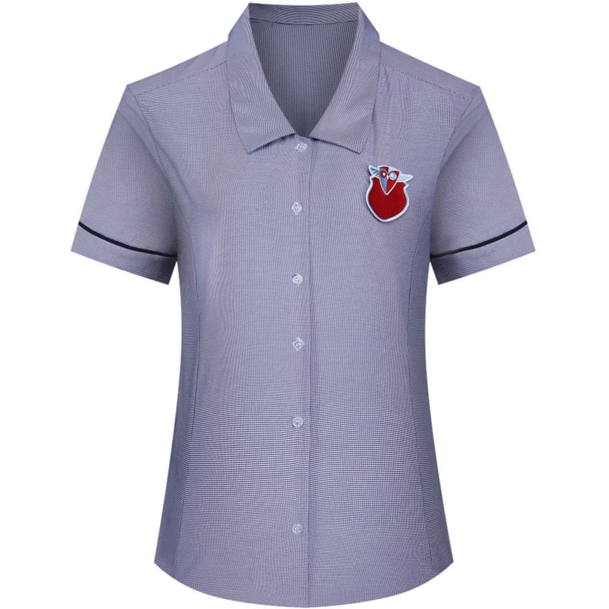 A custom school girl blouse in blue and white checkered pattern with a red emblem on the chest.
