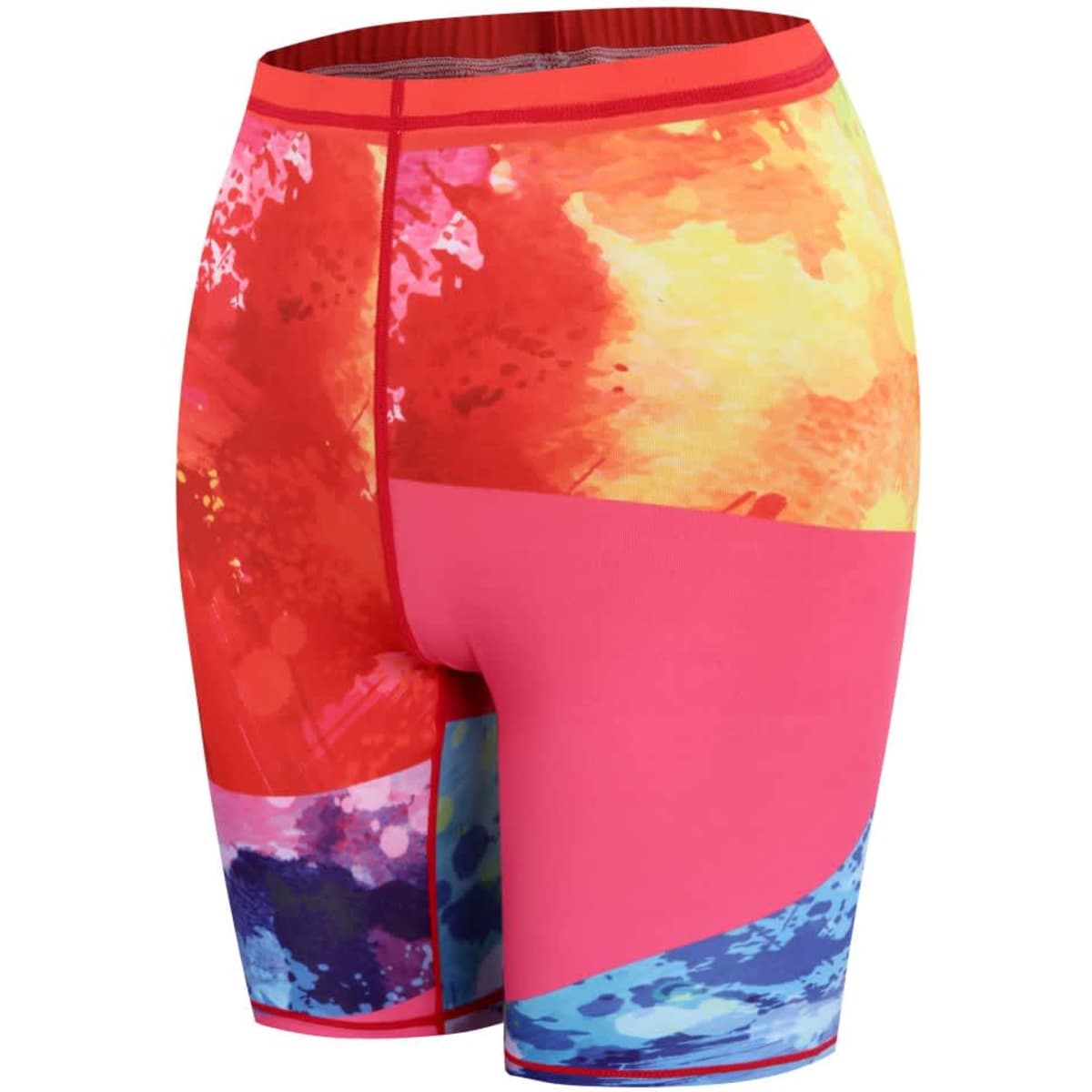 A pair of multicoloured women's shorts featuring a vibrant abstract design, with shades of red, pink, and blue.