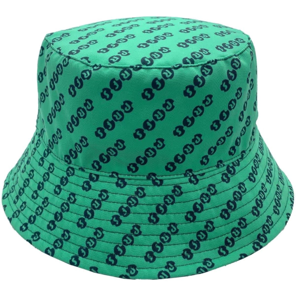 A green sublimated bucket hat featuring a repeating pattern and a logo. Ideal for stylish headwear.
