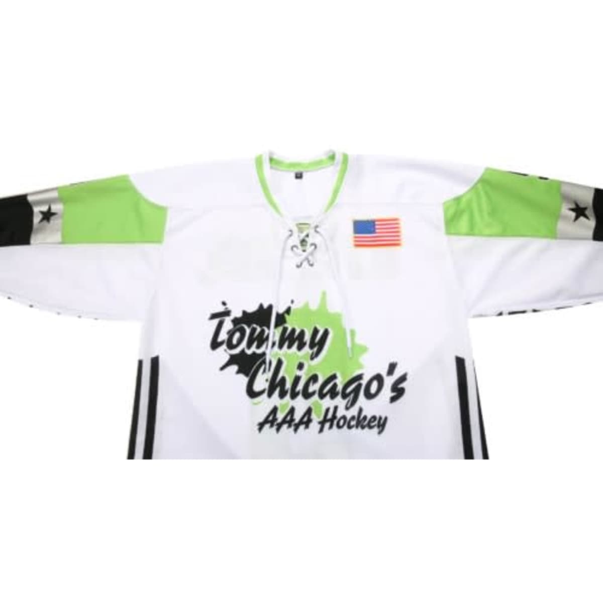 A white ice hockey jersey with green sleeves and a logo, featuring an American flag patch on the front.