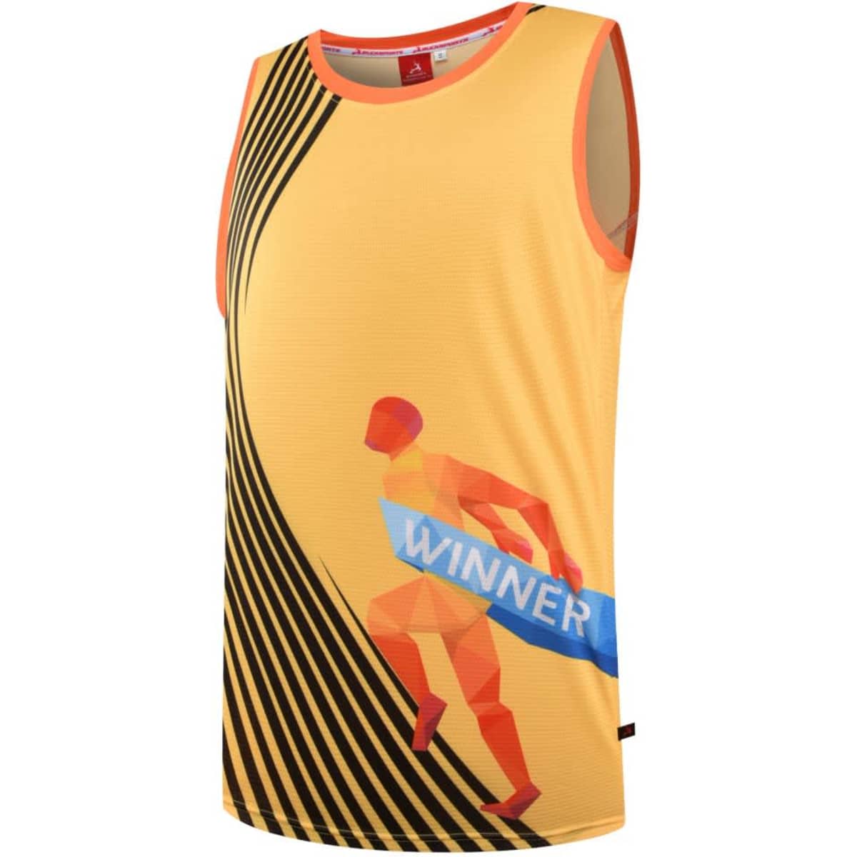 A yellow singlet with a dynamic graphic of a runner and a logo. Features red and black accents on the design.