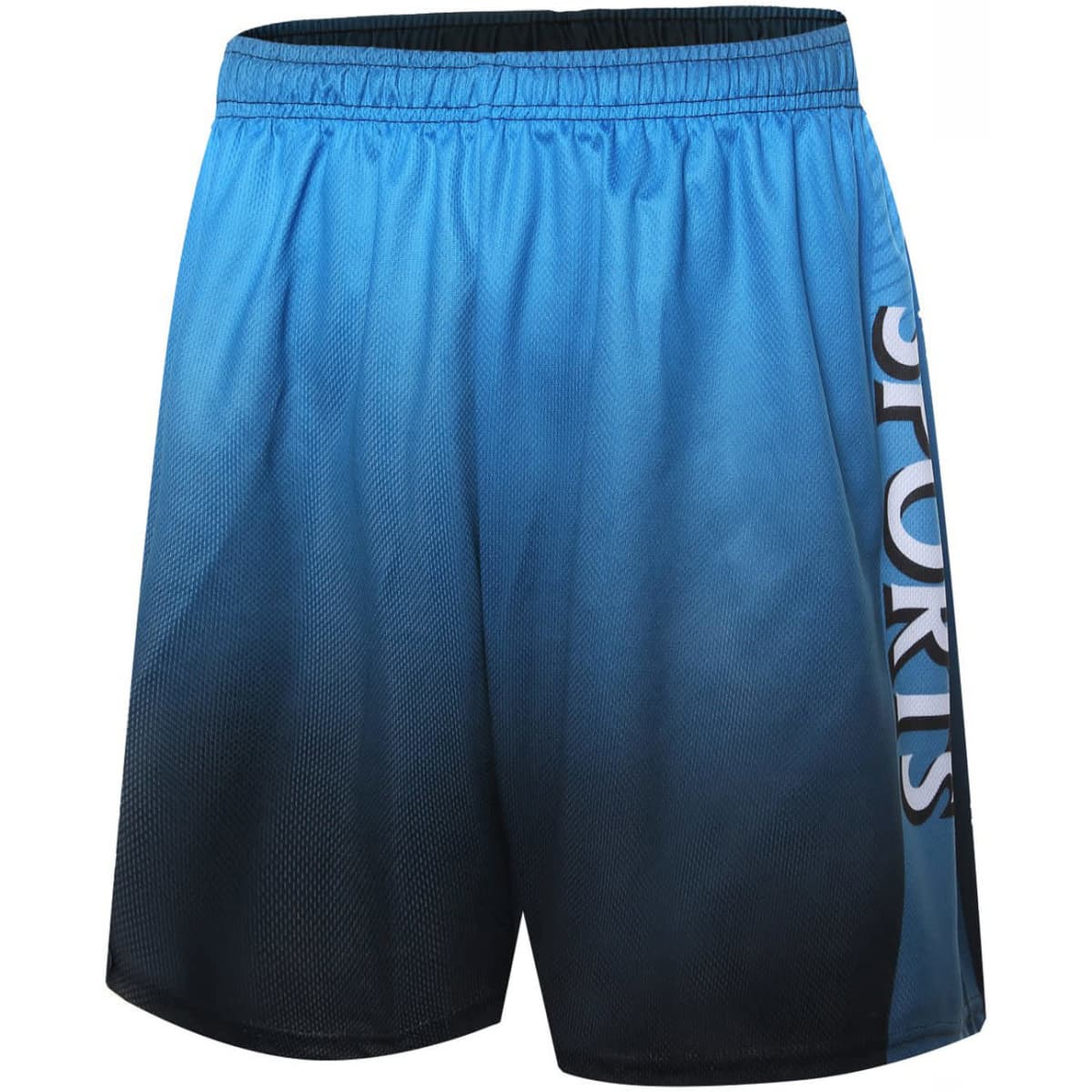 Blue shorts with a gradient design, featuring a logo on the side. Made from a lightweight, breathable fabric.