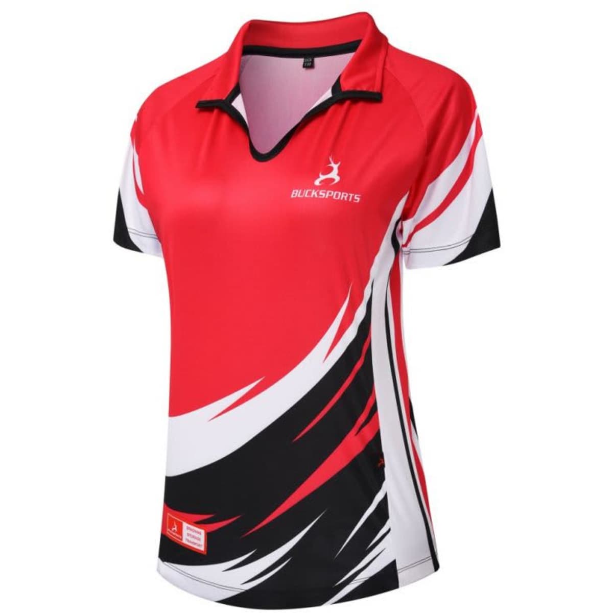 A red and black sports shirt with white accents, featuring a logo on the front and a short collar.