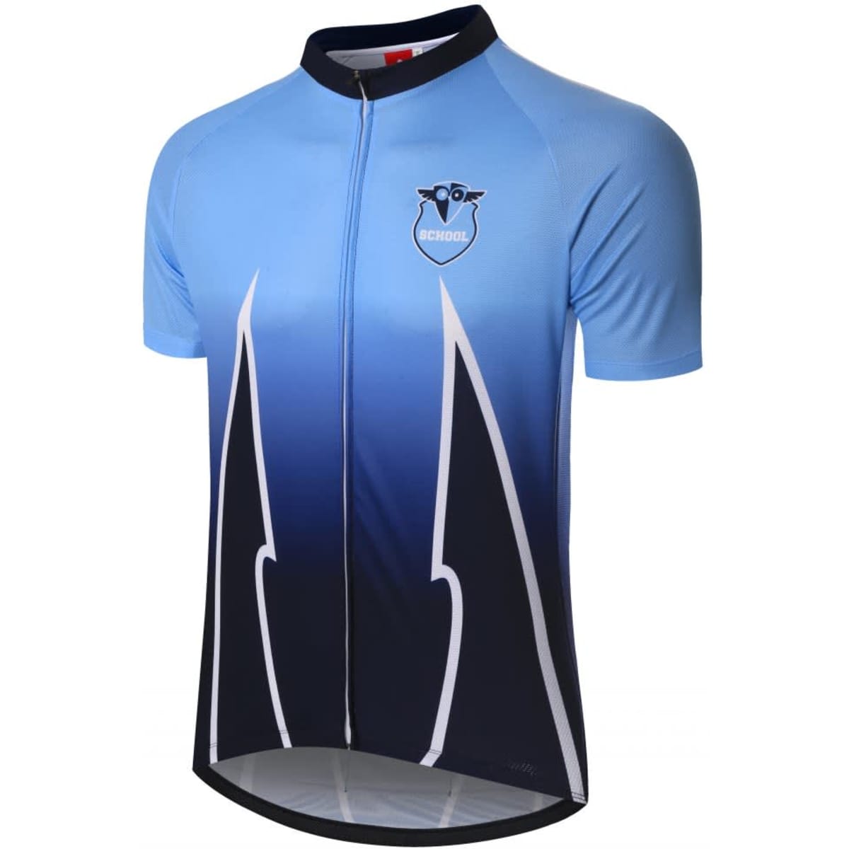 A sublimated cycling team wear tee in blue and black, featuring a logo on the front and a zip closure.