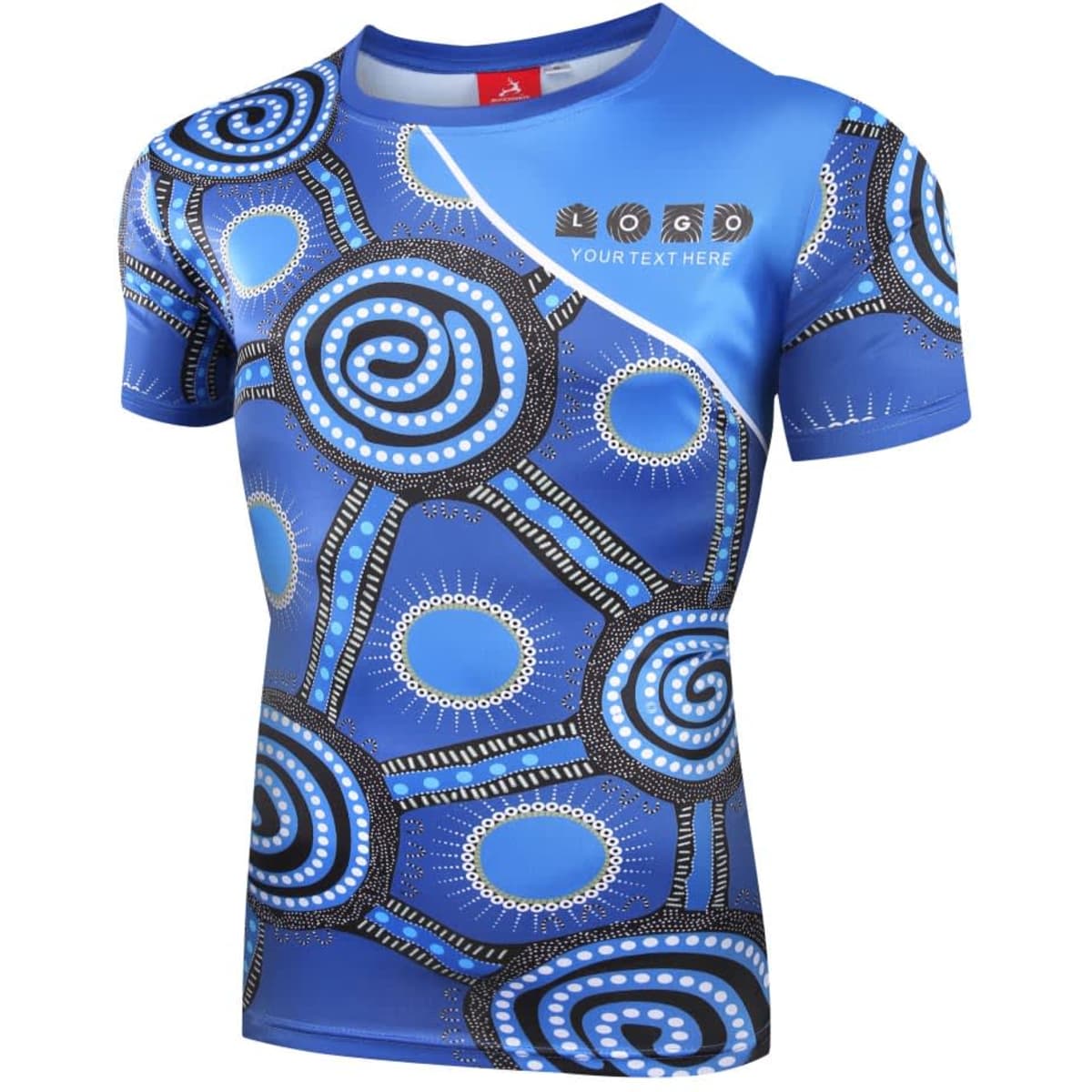 A sublimated t-shirt featuring a blue design with circular patterns and a logo on the front.