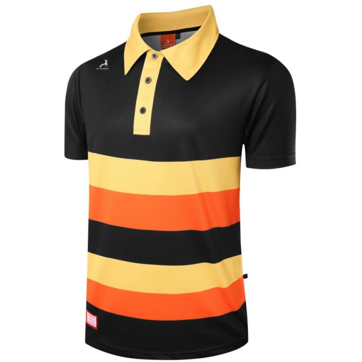 A striped polo shirt featuring black, yellow, and orange colours with a branded logo on the upper left side.