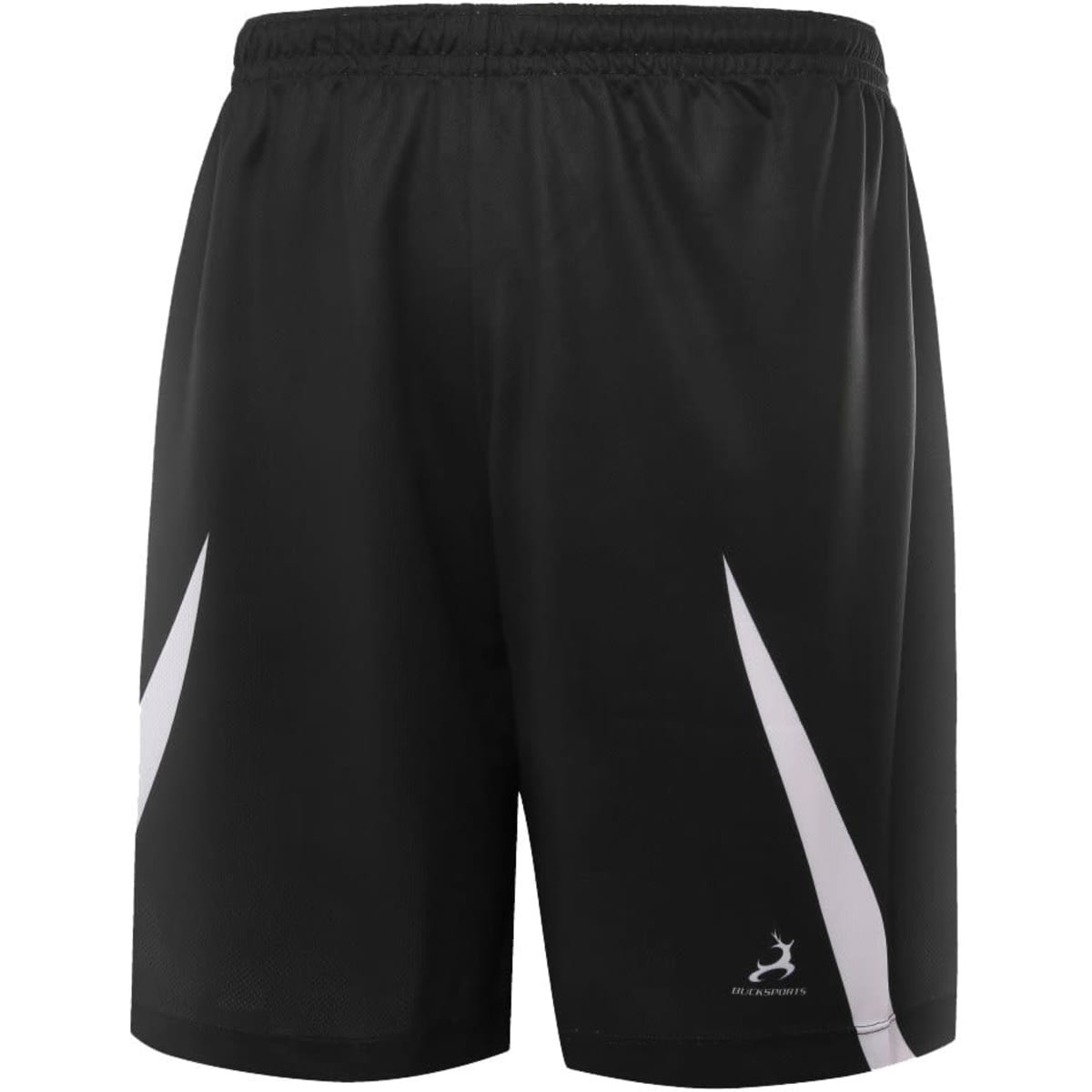 Black basketball shorts featuring white accents and a branding logo.