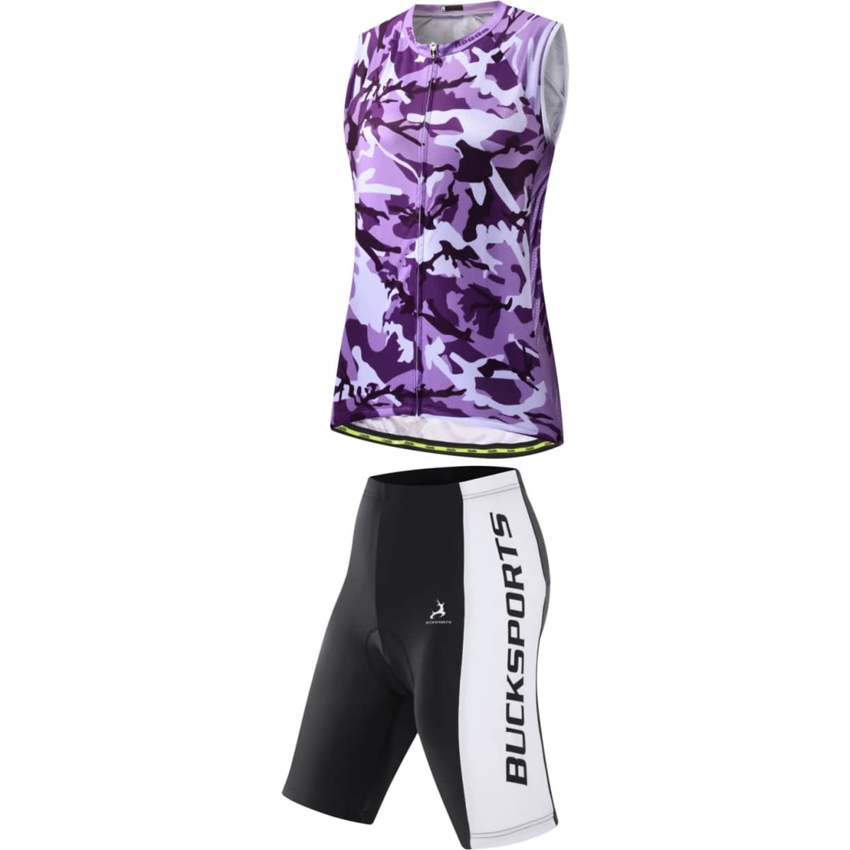 A purple camo cycling jersey with a black and white shorts design, featuring a logo on the shorts.