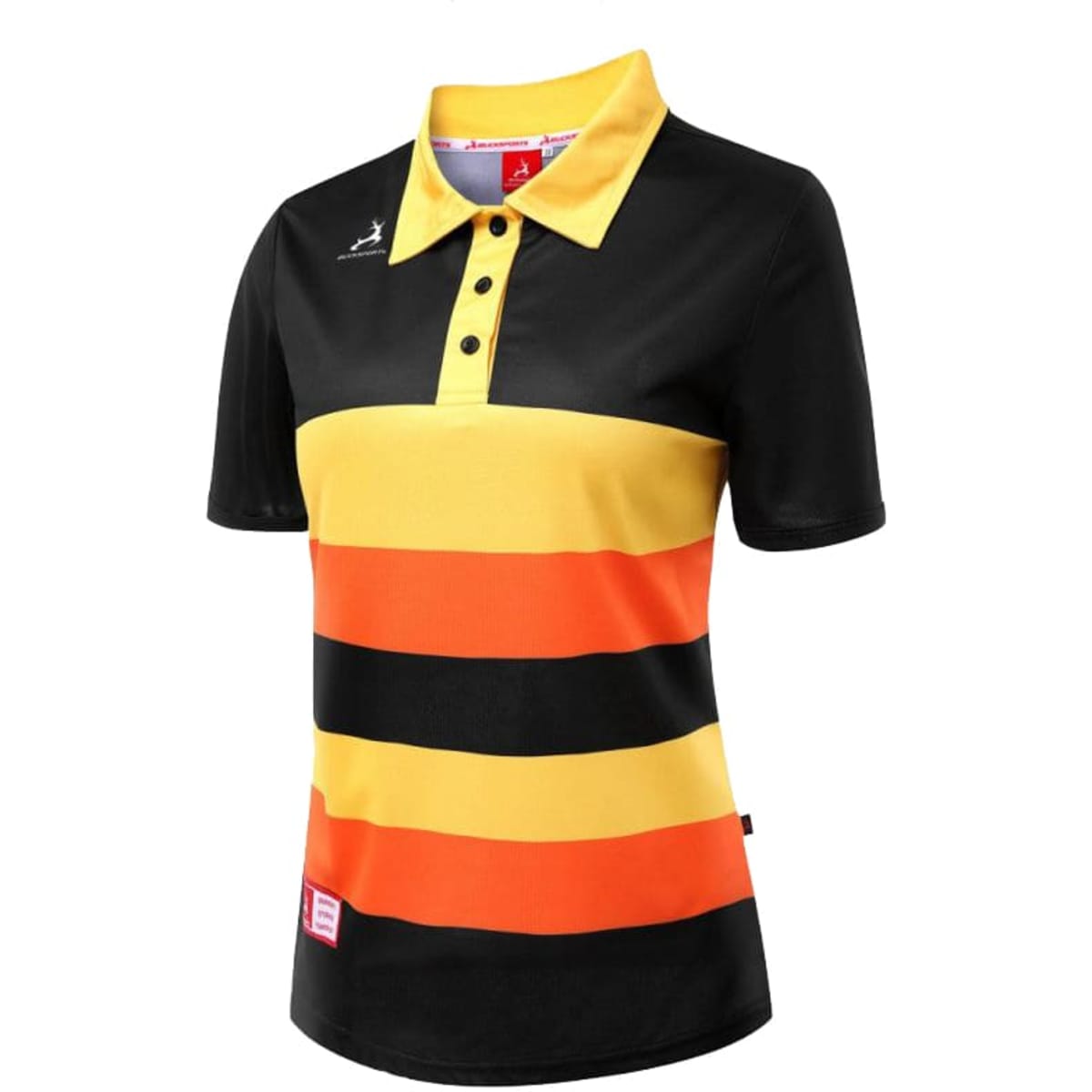 A women's polo shirt featuring horizontal black, yellow, and orange stripes, with a collar and logo.