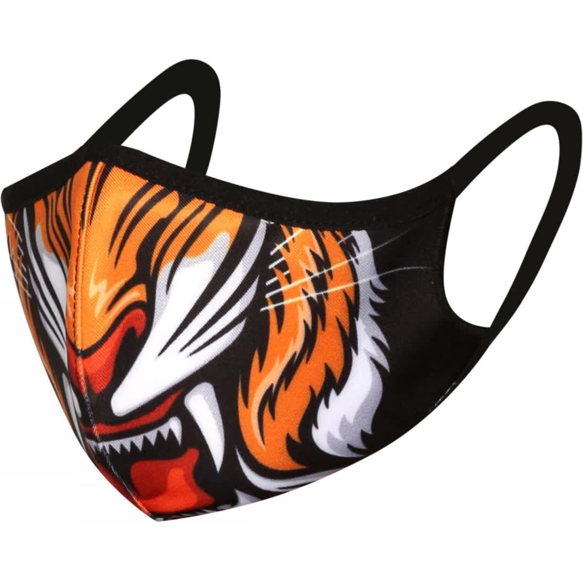 A reusable sports mask featuring a bold tiger design with orange, black, and white colours. It has a logo on the side.