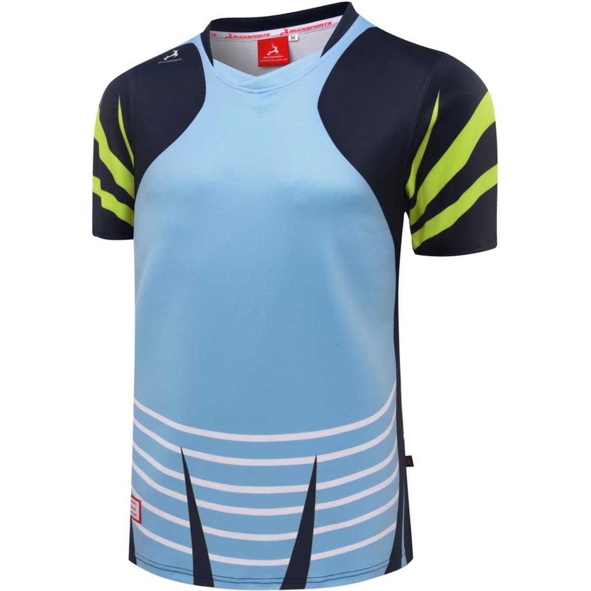 A rugby tee in blue with green and black accents, featuring a wave-like design. It includes a logo on the chest.