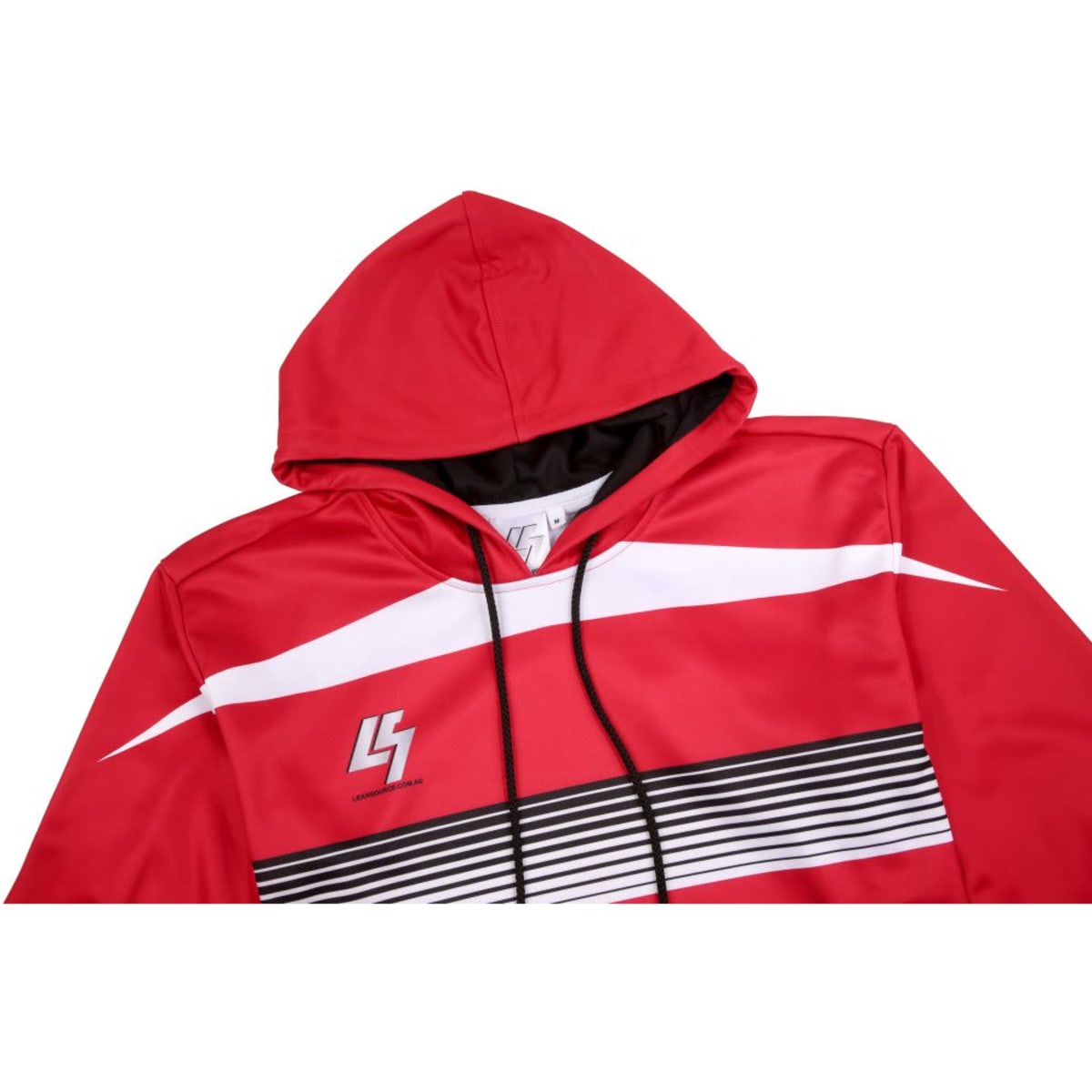 A red pullover hoodie featuring white stripes and a logo, with a hood and drawstring detail.