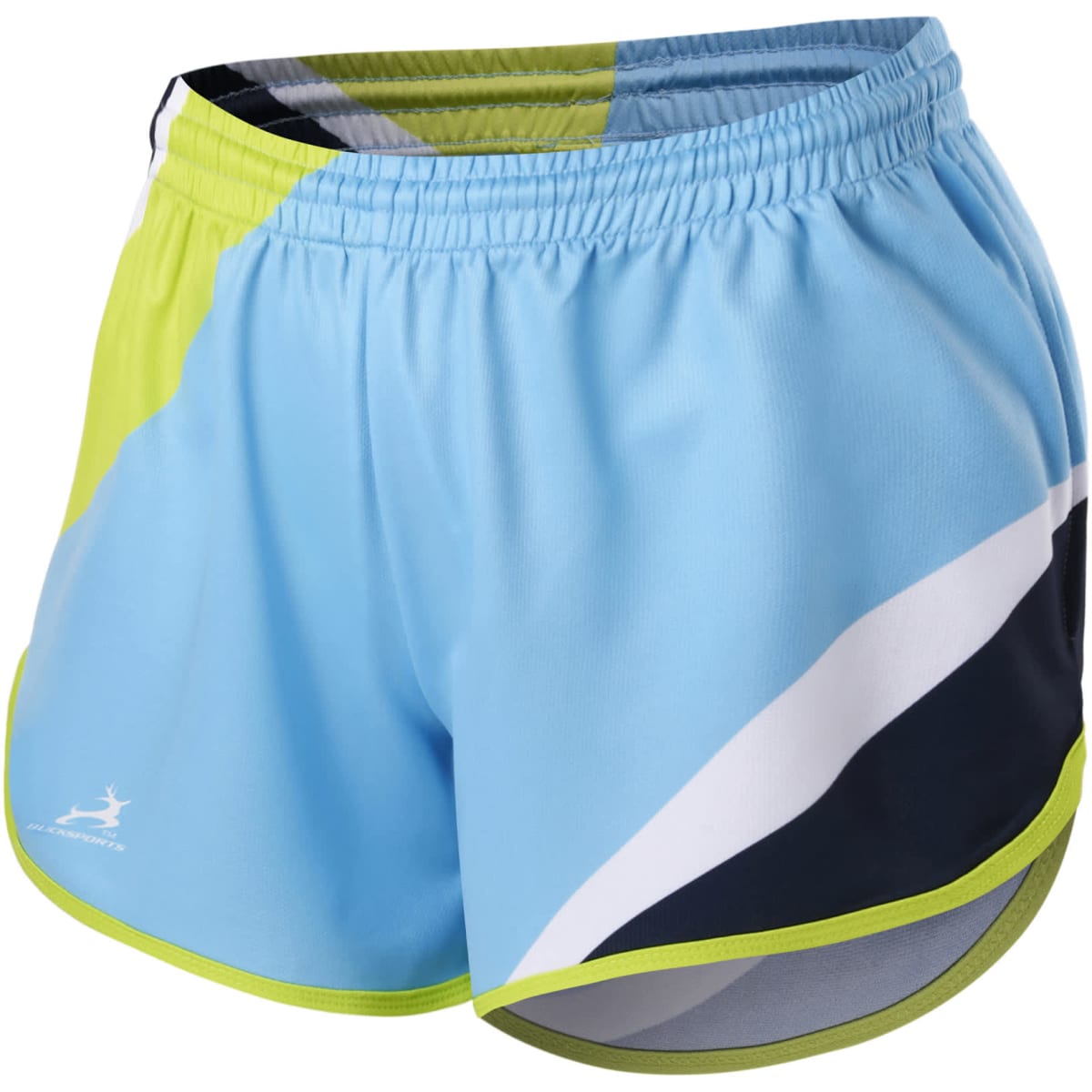 Athletics shorts in blue, lime green, and black with a split side design and a branding logo.