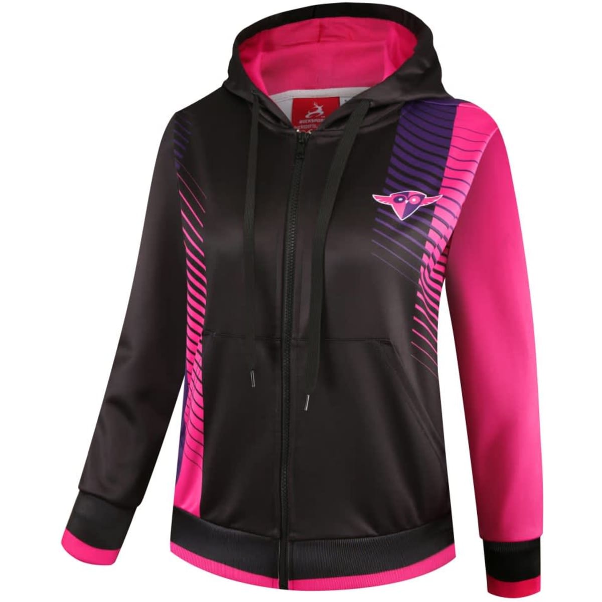 A women's hoodie jacket in black and pink with a zip front, featuring a logo and vibrant design elements.