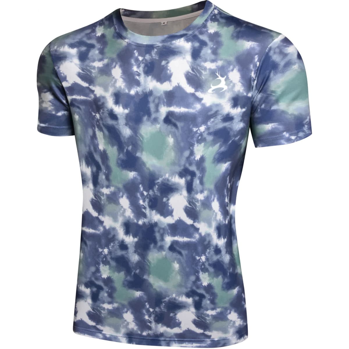A short-sleeved tee in a blue, green, and white tie-dye pattern, featuring a logo on the front.
