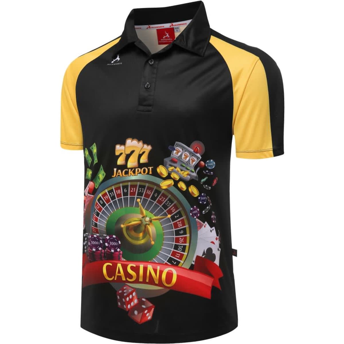A black and yellow polo shirt featuring a vibrant casino-themed graphic and a logo.