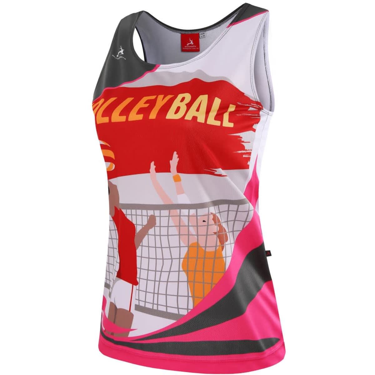 A pink and grey volleyball singlet featuring an illustration of players and a logo.