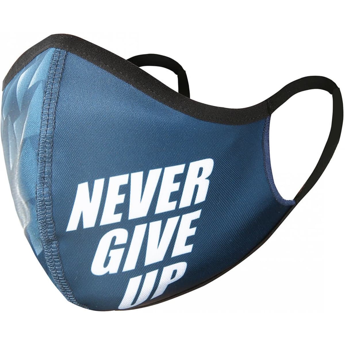 A blue sports mask with a black trim and a logo, featuring the phrase "NEVER GIVE UP".