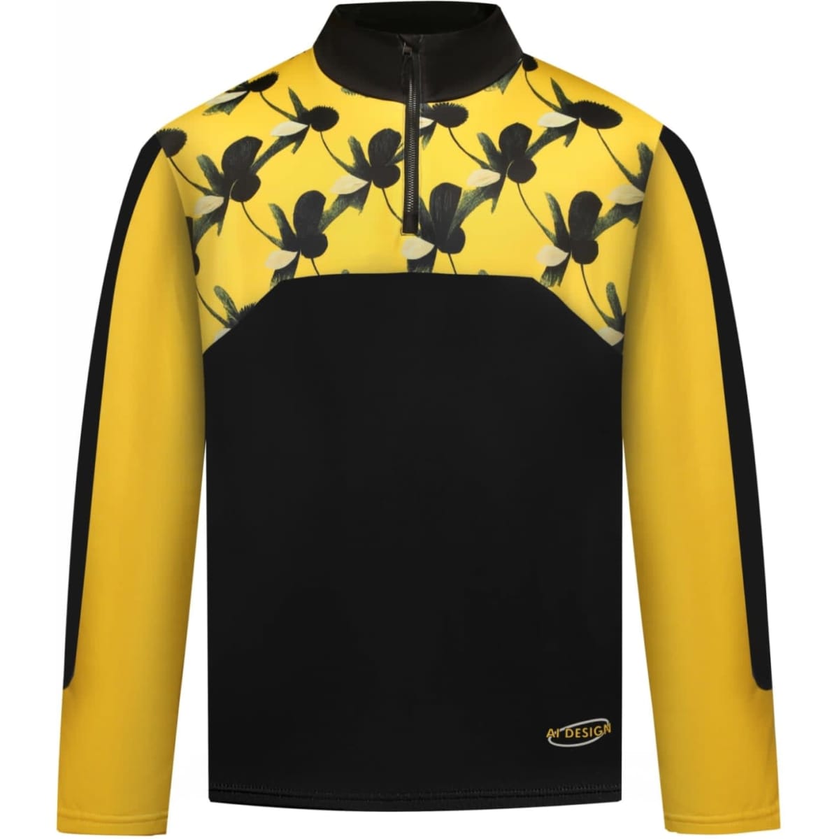 A yellow and black pullover jumper with a floral design on the upper part and a logo on the front.