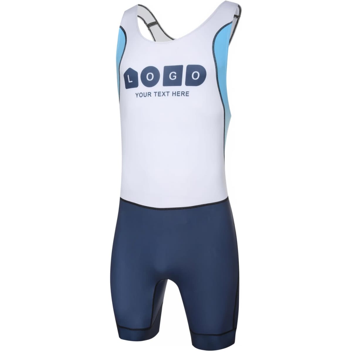 A rowing uniform suit in white with blue accents and navy shorts, featuring a logo on the front.