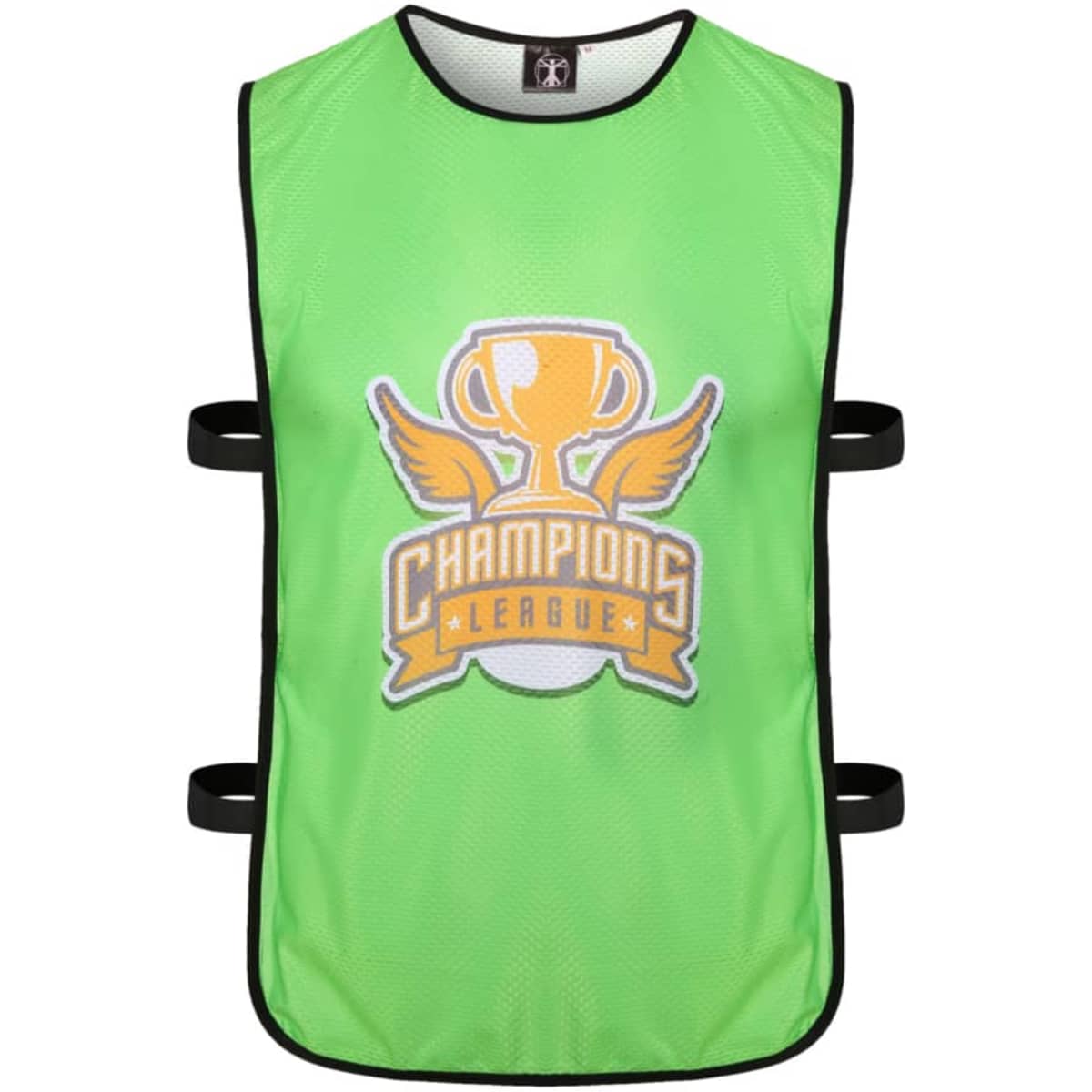 A green mesh vest with black trim and a logo featuring a trophy and wings. It has adjustable straps on the sides.
