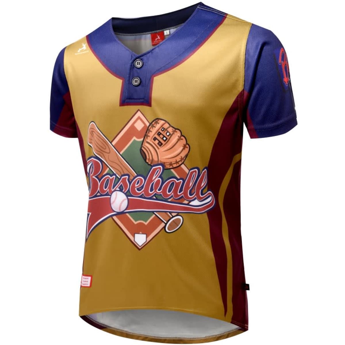 A short-sleeved baseball tee in gold, blue, and burgundy featuring a graphic design and a logo.