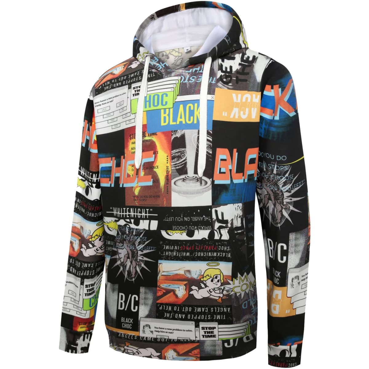 A vibrant black hoodie featuring a collage of graphics and patterns, complete with a hood and drawstrings.