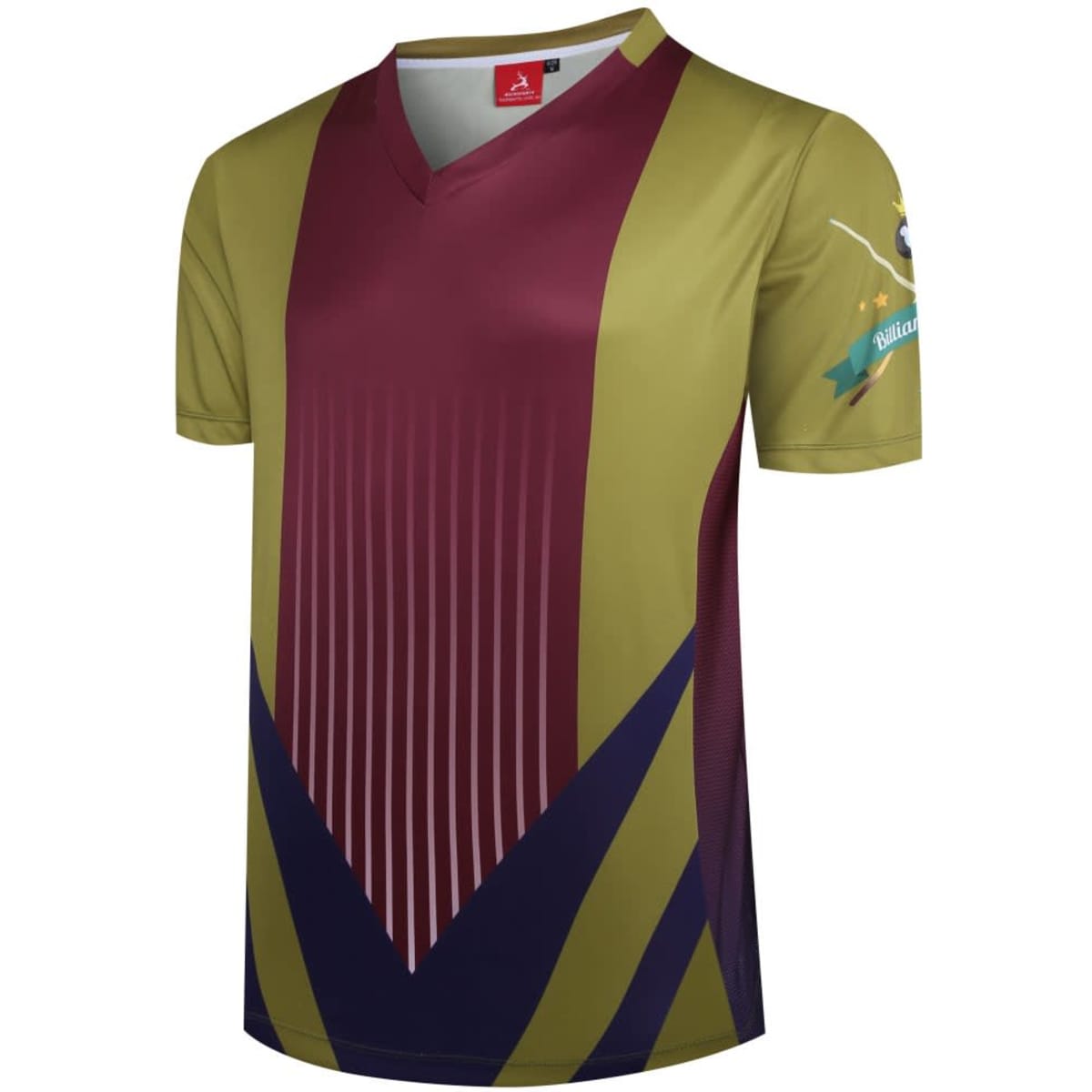 A vibrant Billiards Club shirt featuring a green, maroon, and blue design with a logo on the side.