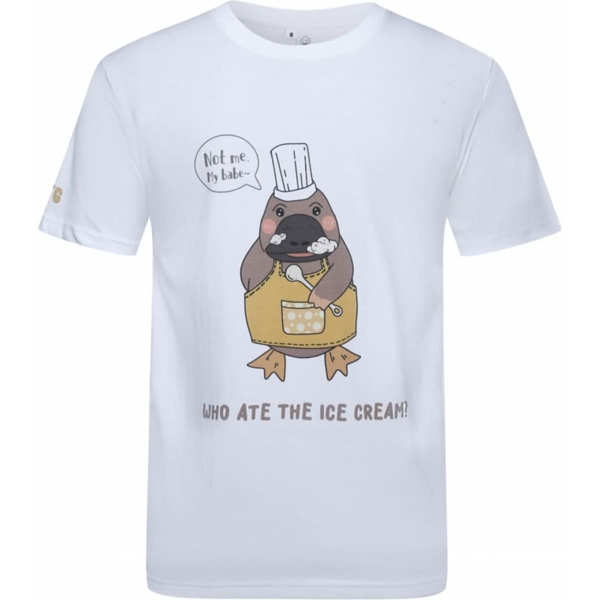 A white cotton t-shirt featuring a cartoon platypus in a chef's outfit with a playful slogan.