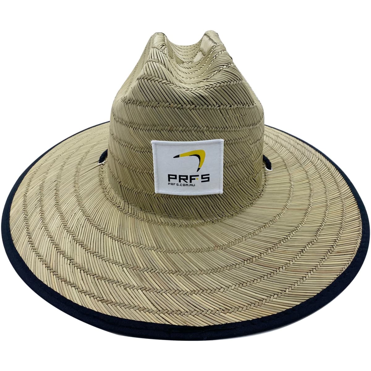 A straw hat in a light tan colour with a wide brim and a logo patch on the front.
