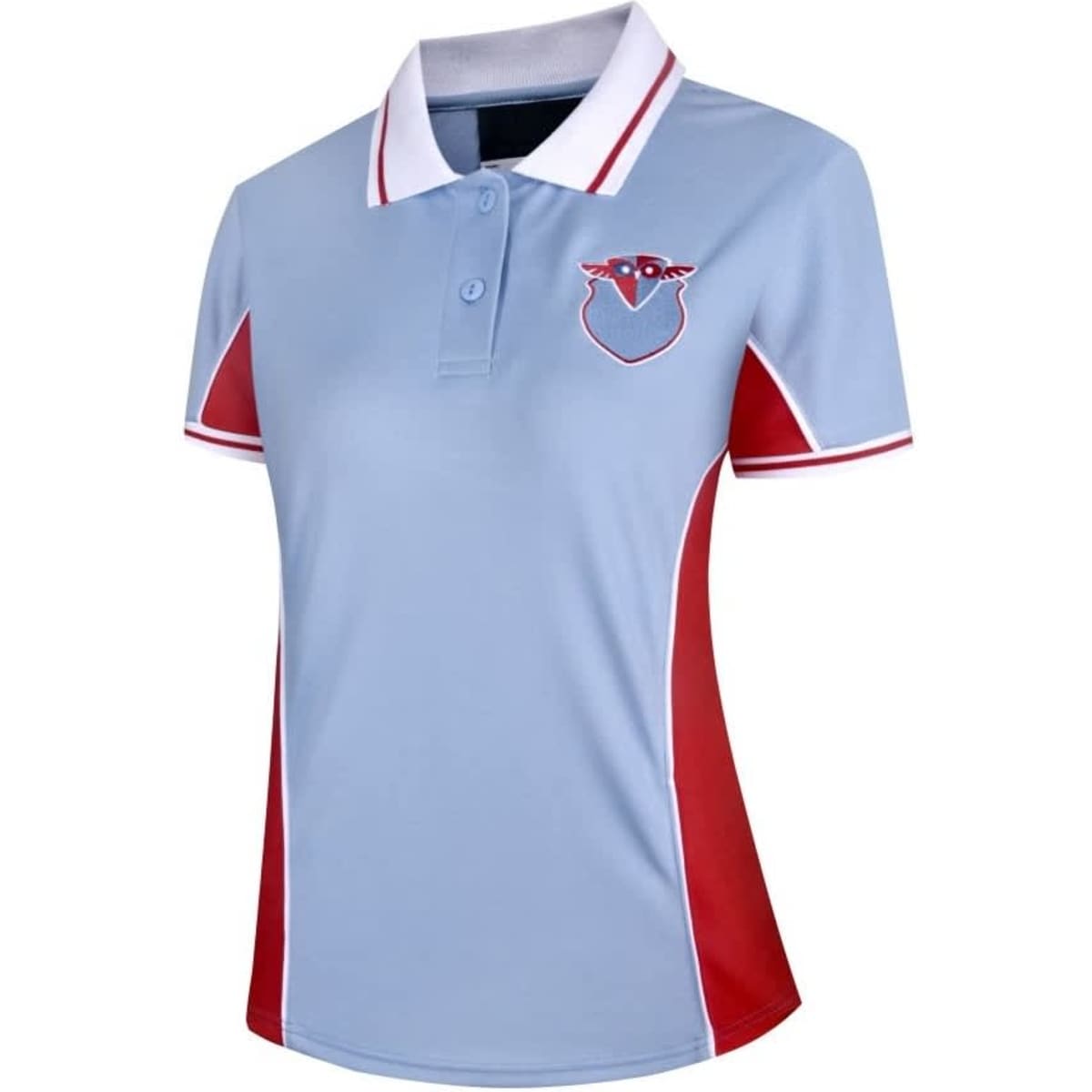 A light blue polo shirt with red side panels and a logo on the chest, featuring a classic collar and button placket.