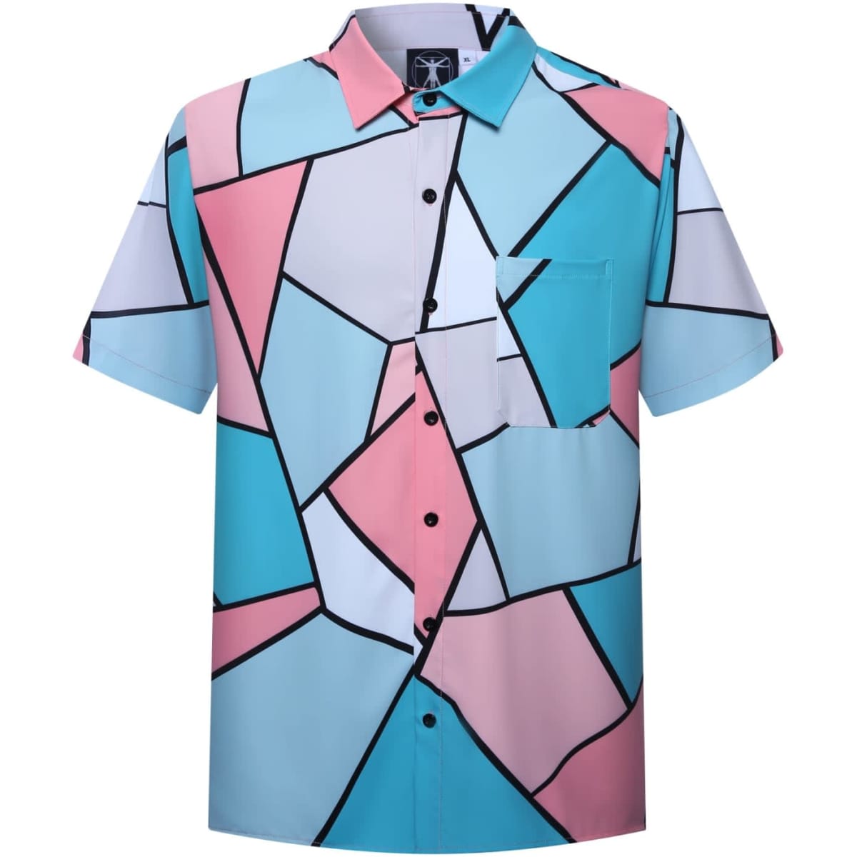A short-sleeved shirt featuring a geometric pattern in pink, blue, and white, with a chest pocket and a logo.