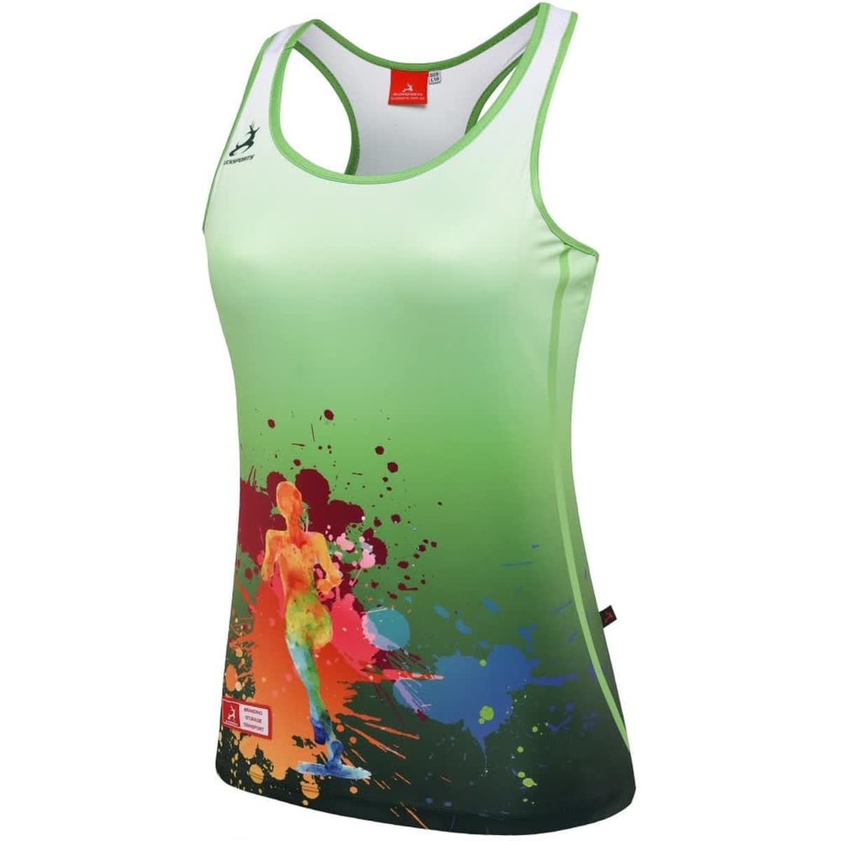 A racer back singlet in green with a colourful splatter design featuring an abstract running figure. It has a logo.