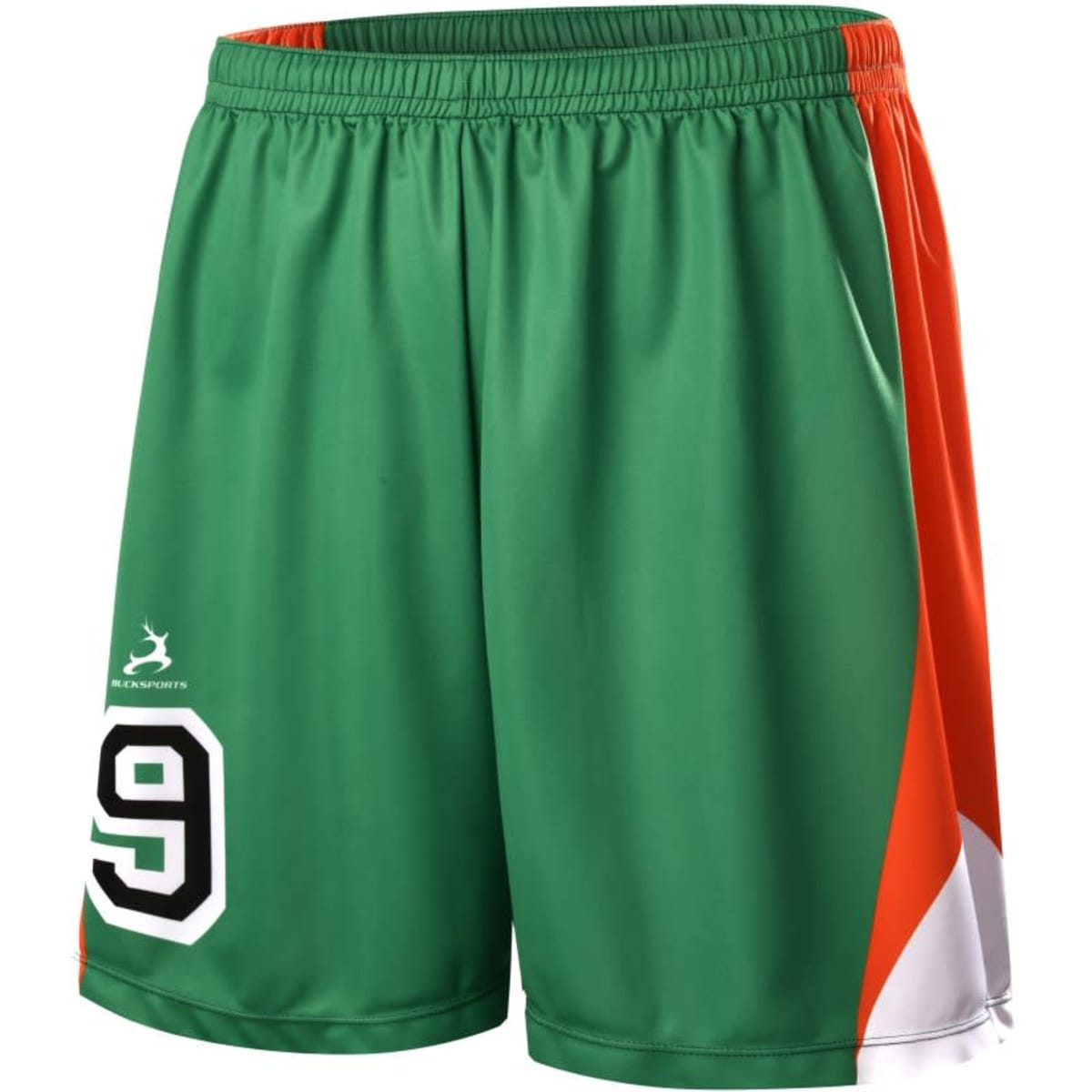 Green and orange junior soccer shorts featuring a number 9 and a logo on the side.