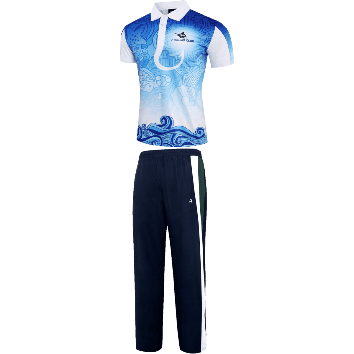 A blue and white fishing team uniform featuring a patterned jersey and navy pants, with a logo.