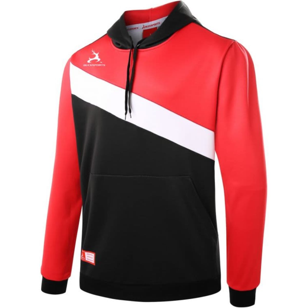 A red and black custom design hoodie with a white diagonal stripe and a front pocket. It features a logo.