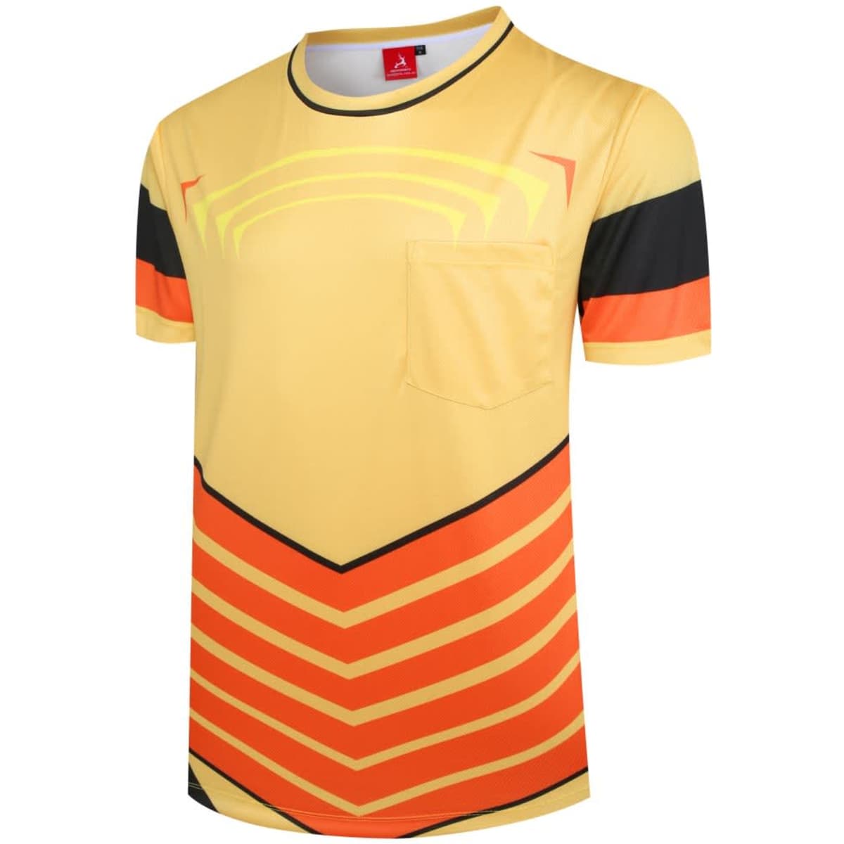 A yellow and orange T-shirt featuring a geometric design, short sleeves, and a small pocket. It has a logo on the neckline.