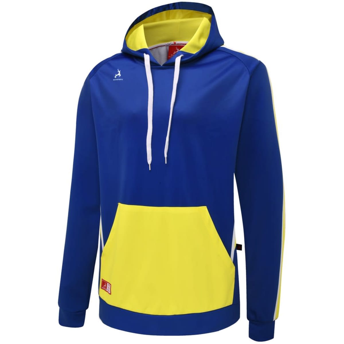 A blue and yellow custom soccer hoodie with a kangaroo pocket and a logo on the upper left.