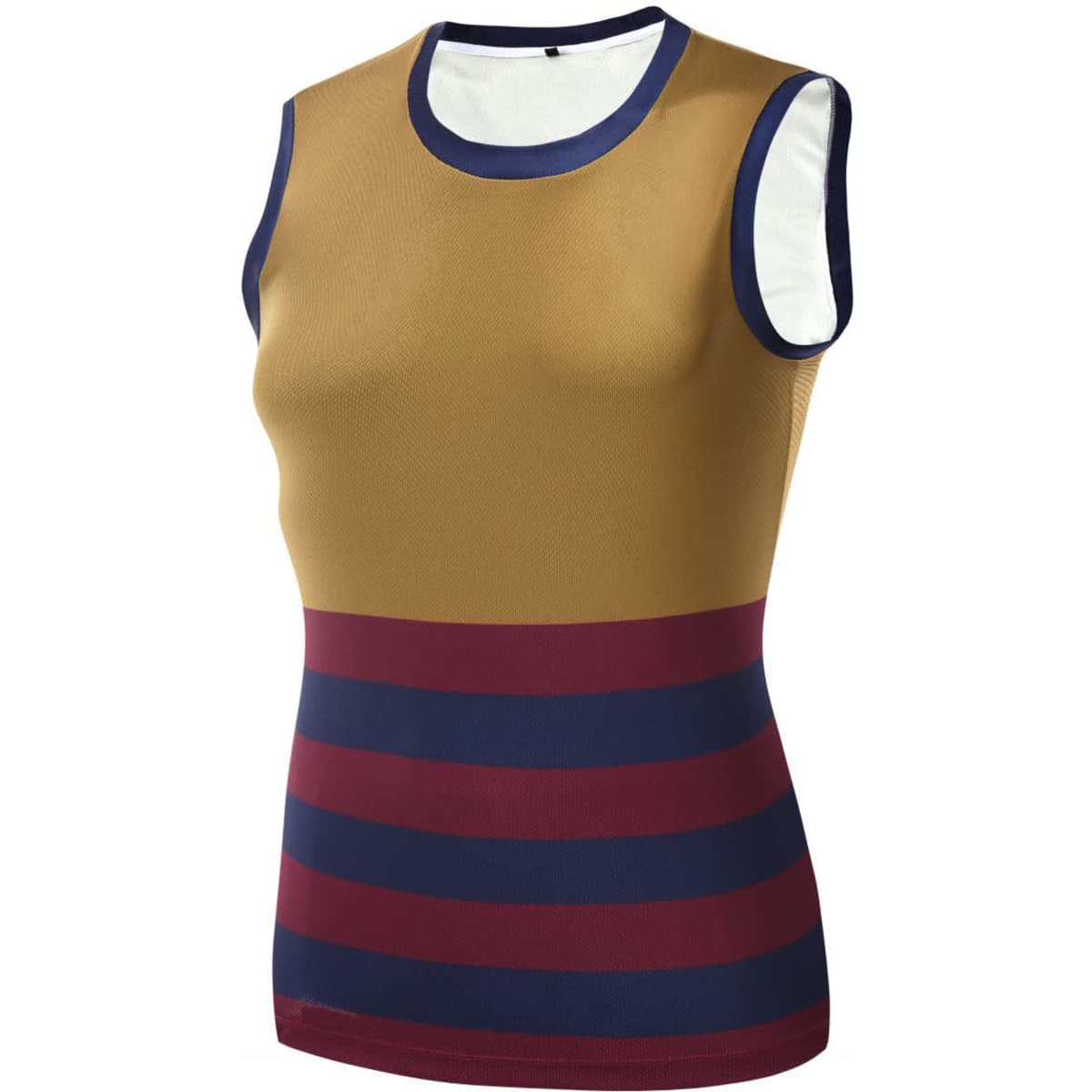 A sleeveless top in gold, maroon, and navy stripes, featuring a round neckline and a fitted design. Includes a logo.
