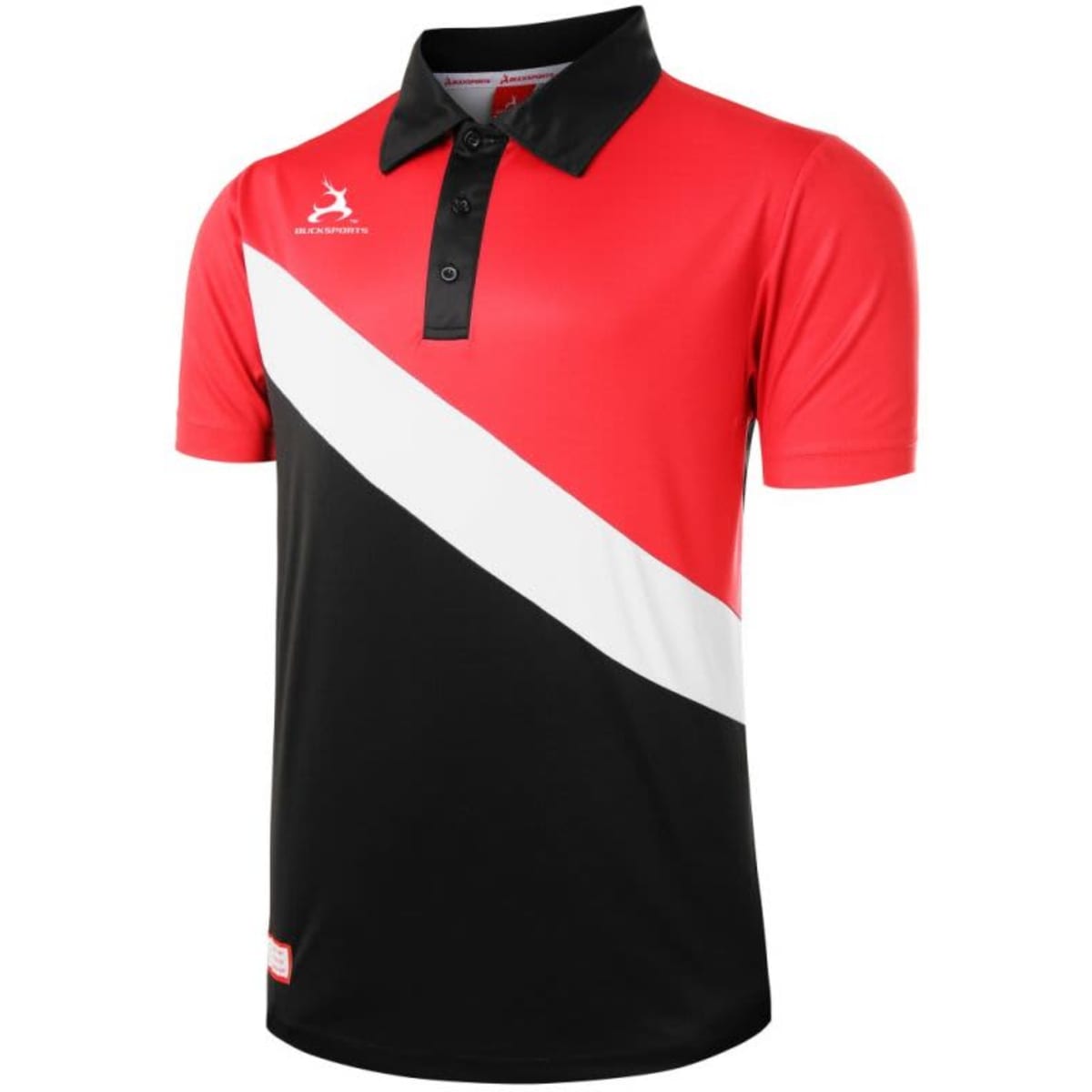 A polo shirt featuring a red, black, and white design with a logo on the chest. Short sleeves and a collar complete the look.