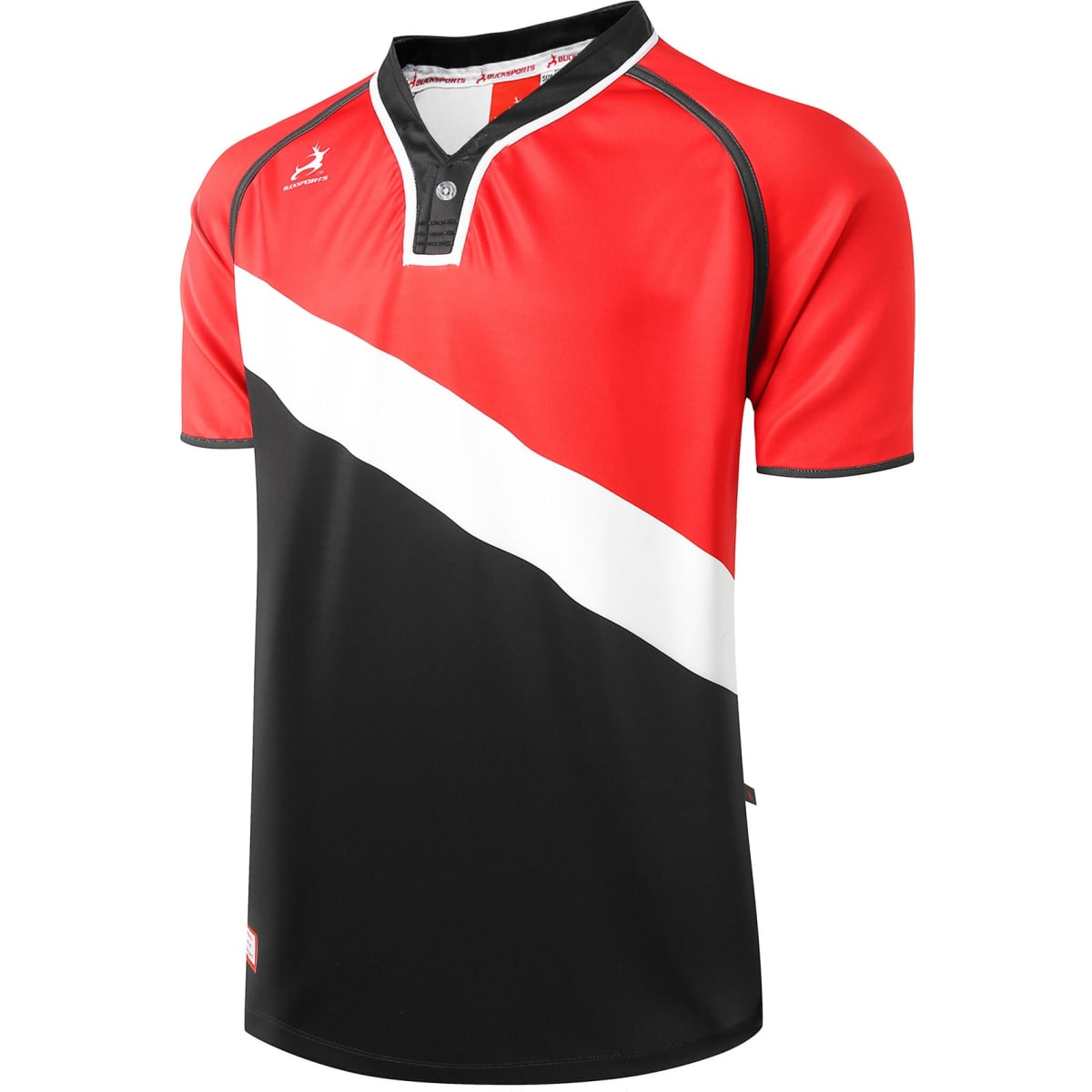 A rugby tee in red, black, and white featuring a standard fit and a collar with a button. It has a logo.