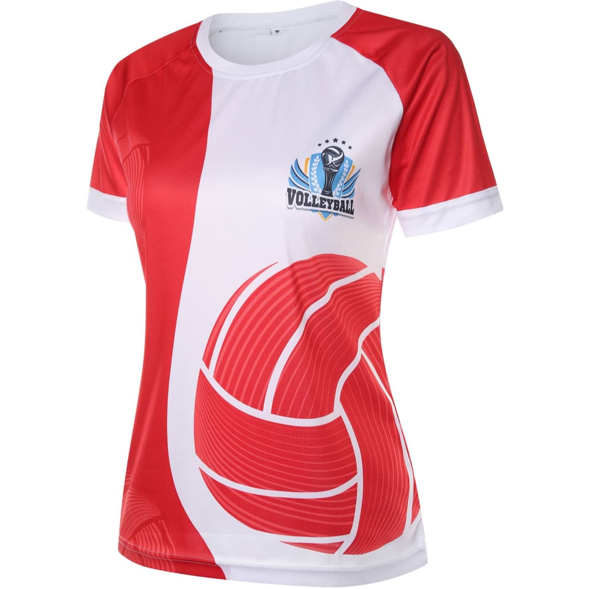 A women's volleyball uniform T-shirt in red and white, featuring a volleyball graphic and a logo.