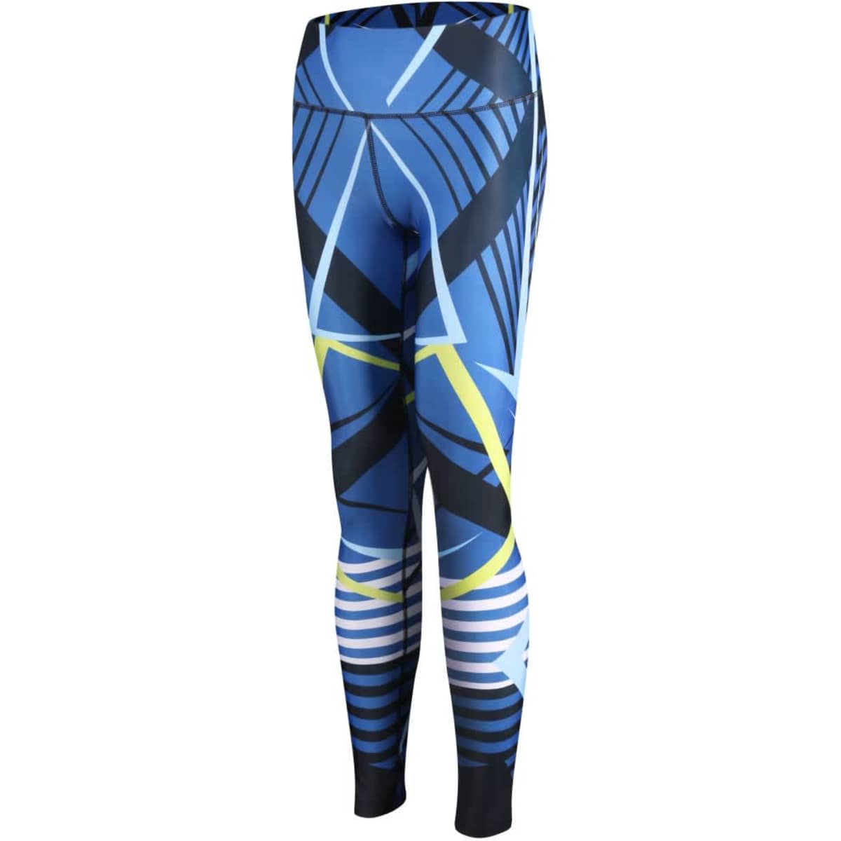 A pair of blue and black base layer leggings with abstract patterns and a fitted design. Features a logo.