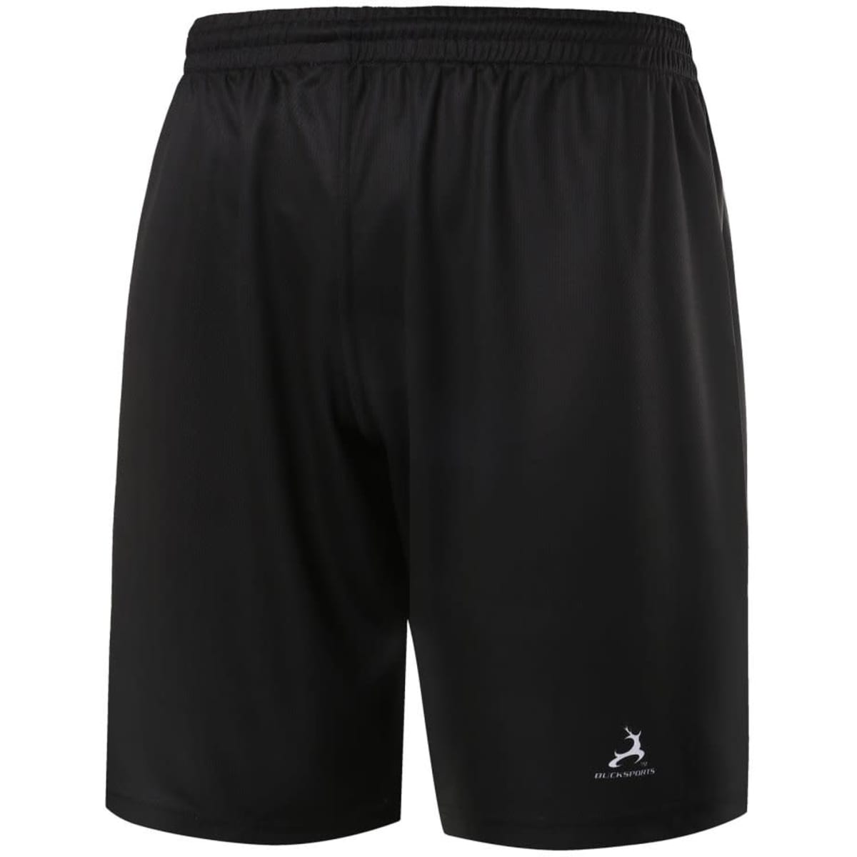 Black basketball shorts with an elastic waistband and a branding logo on the lower right side.