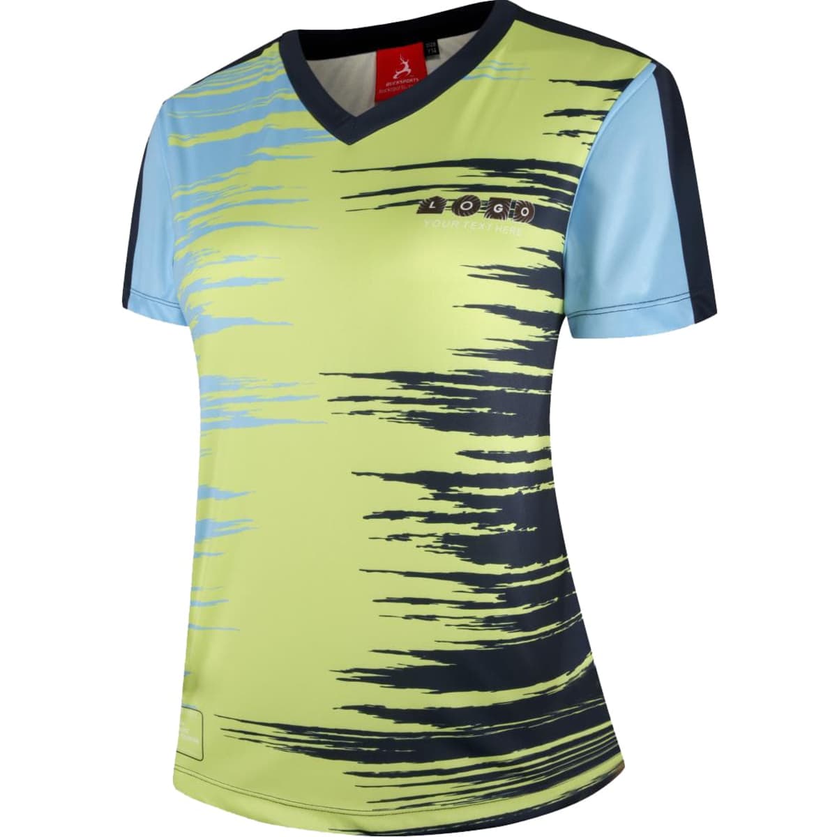 A short-sleeved women's sports shirt in bright green and light blue, featuring a dynamic striped design and a logo.