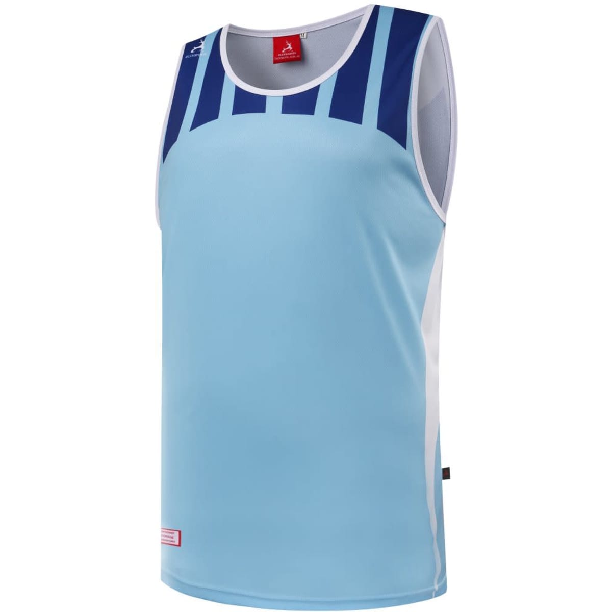 A light blue singlet featuring navy blue accents and a sporty design, with a logo on the upper section.