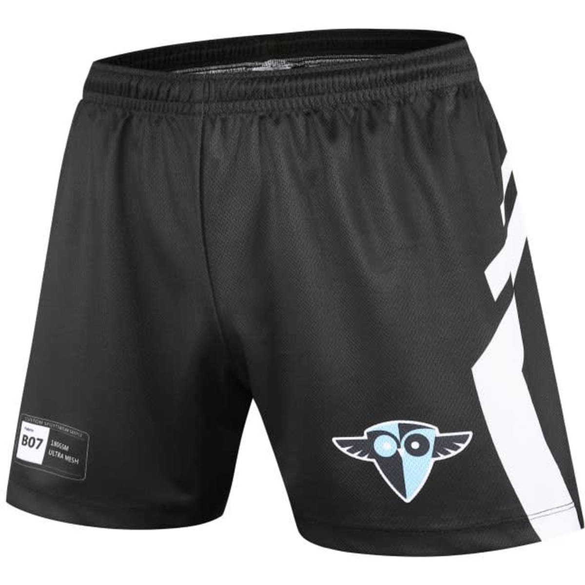 Black volleyball shorts featuring a side stripe and a logo on one leg.