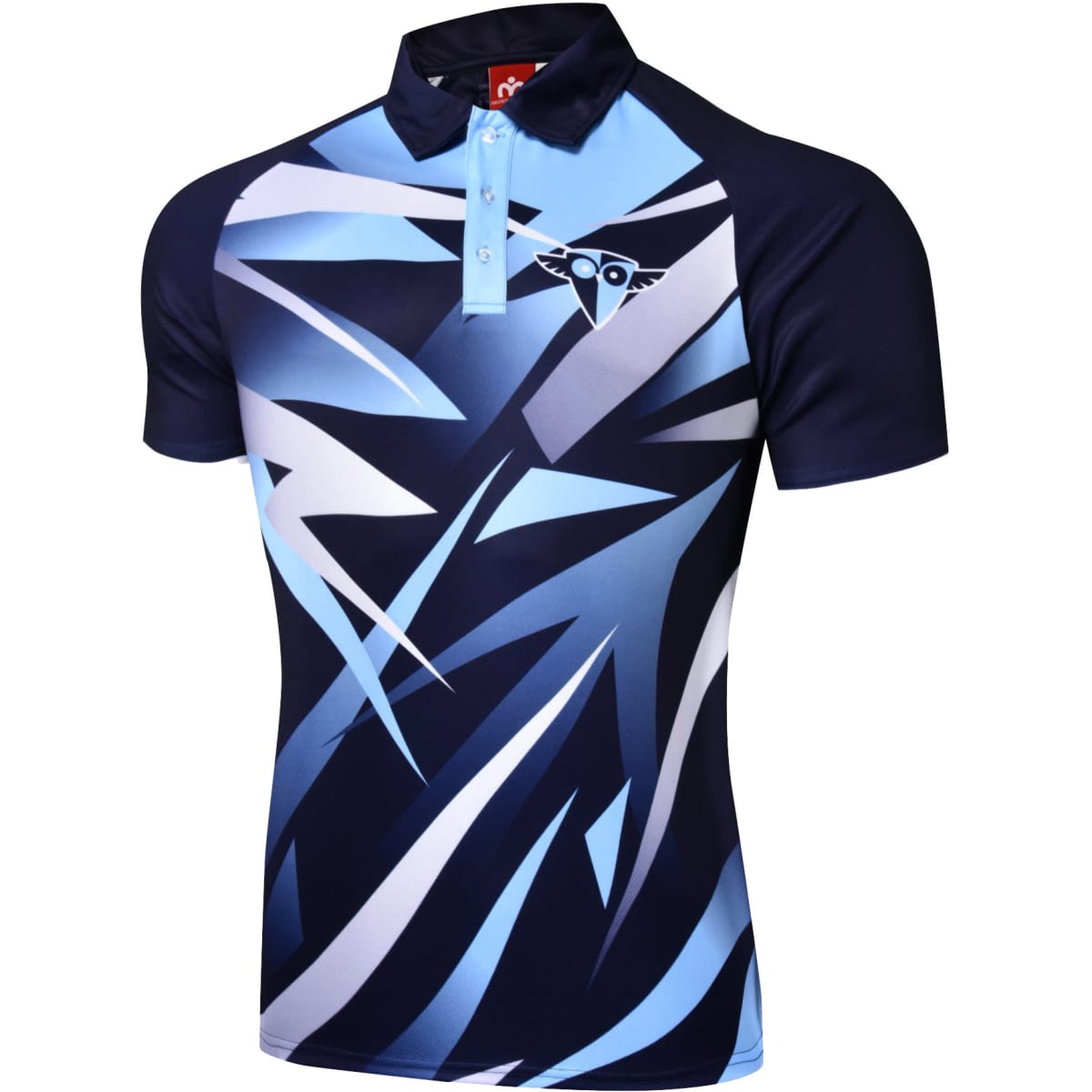 A blue and navy polo shirt featuring an abstract design and a logo on the collar.
